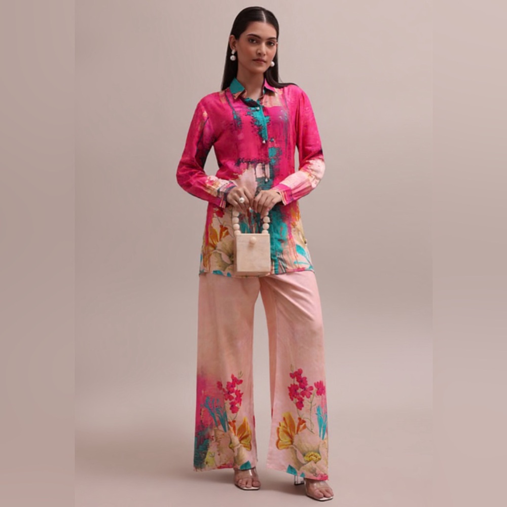 Pastel Pink Linen Summer Co-ord Set With Abstract Floral Prints. Top + Bottoms.